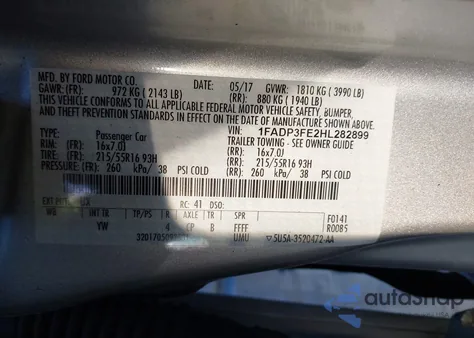 2017 Ford Focus Se из США, поврежденный, VIN 1FADP3FE2HL282899